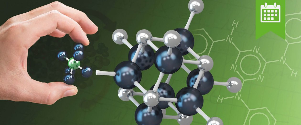 Eine Hand greift nach einem Molekül vor einem grünem Hintergrund.