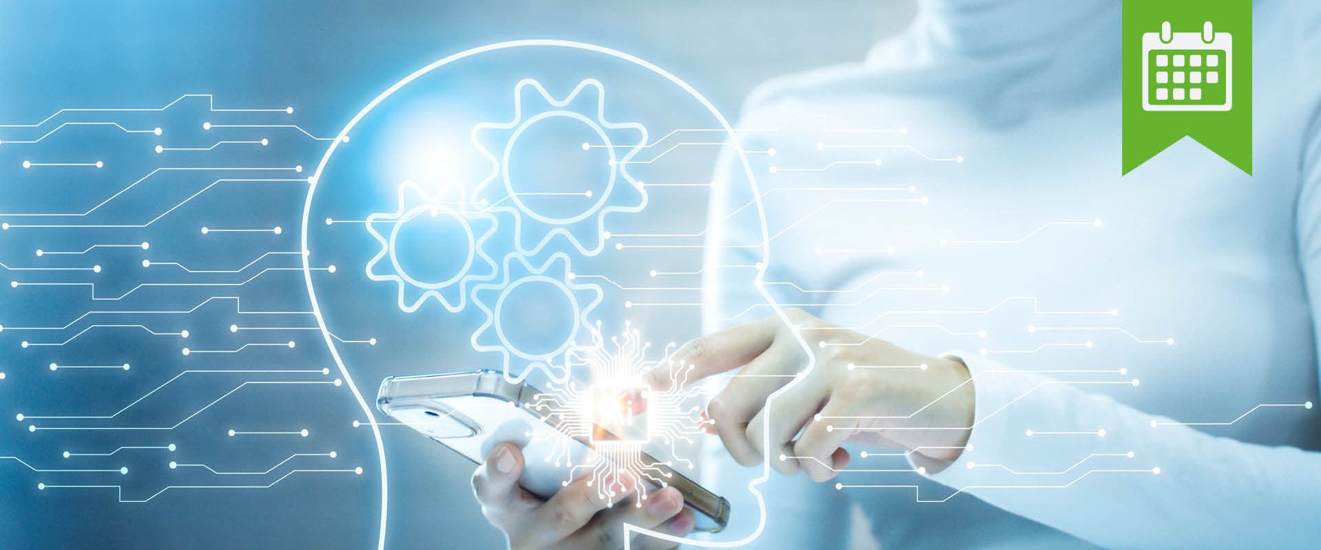 Frau berührt das Display eines Smartphones, vom Berührungspunkt erscheint ein digitales Gehirn