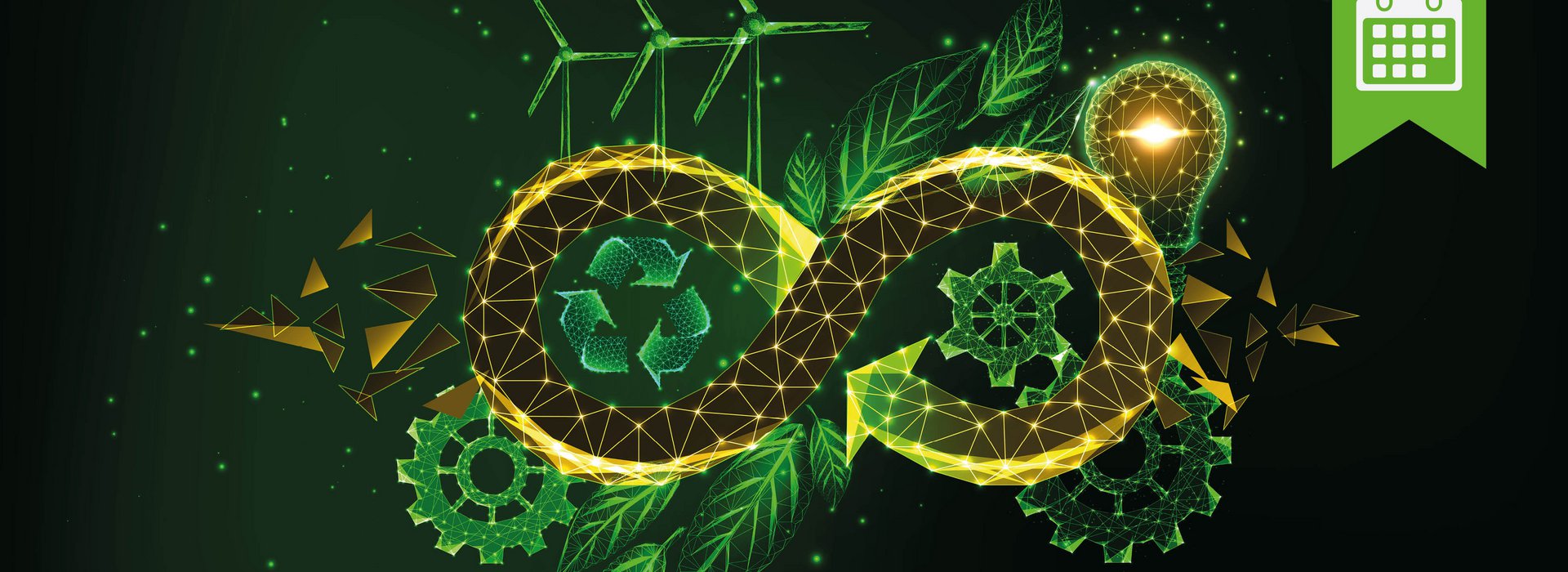 Werkstofftag Nachhaltiges Konzept mit grünem Unendlichkeitssymbol, Glühbirne, Recycling-Symbol und Windrädern.