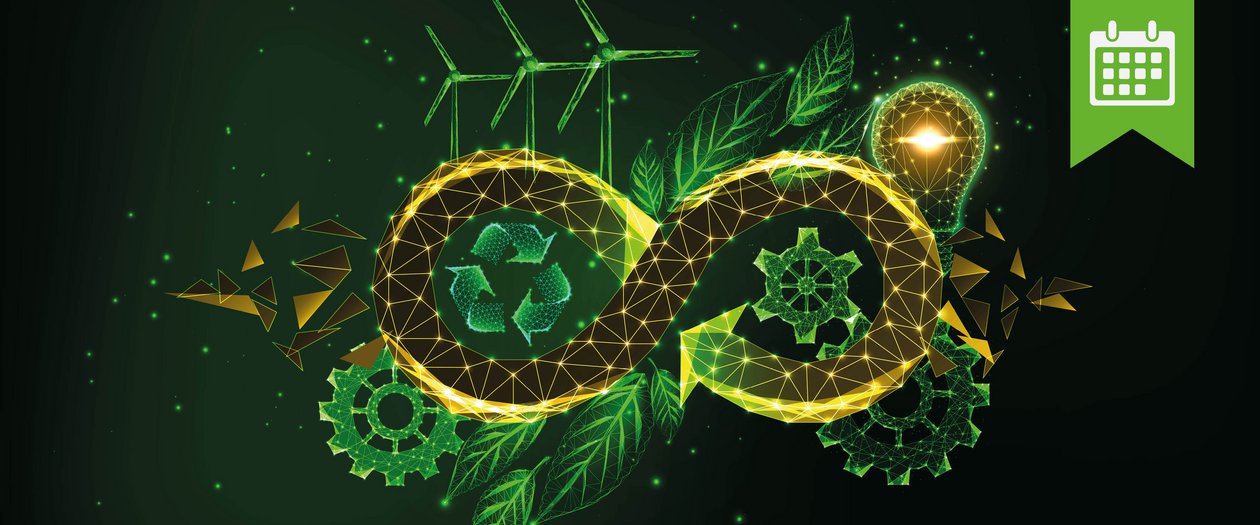 Werkstofftag Nachhaltiges Konzept mit grünem Unendlichkeitssymbol, Glühbirne, Recycling-Symbol und Windrädern.