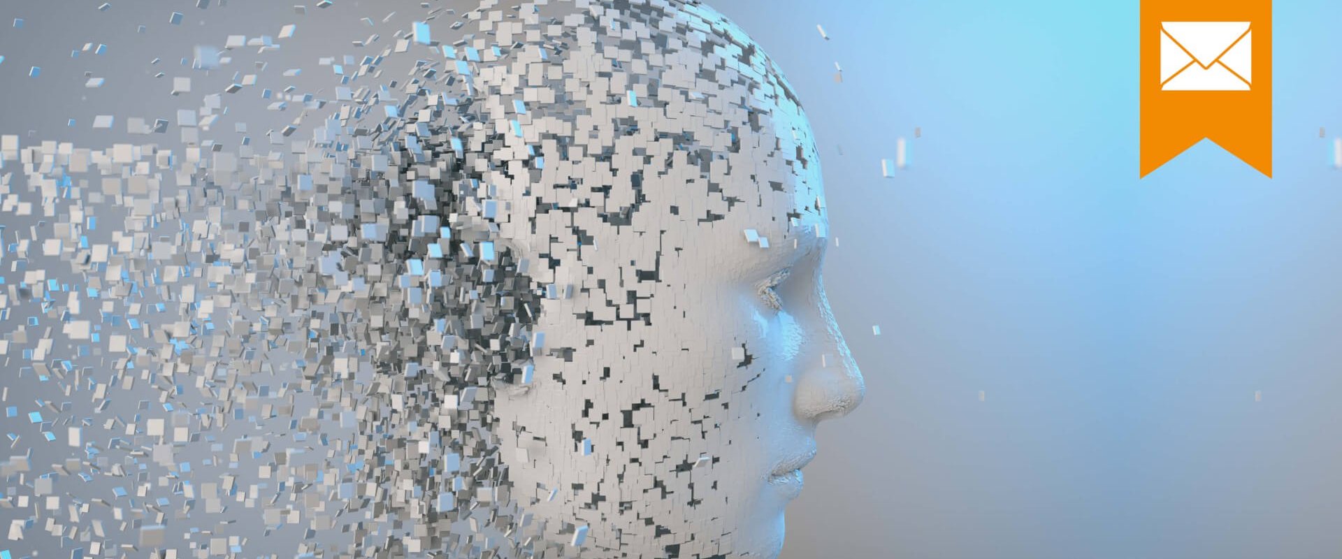 Gesicht setzt sich aus vielen kleinen weißen Quadern zusammen