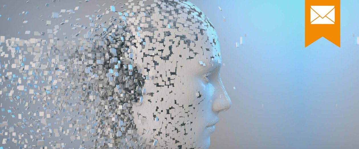 Gesicht setzt sich aus vielen kleinen weißen Quadern zusammen