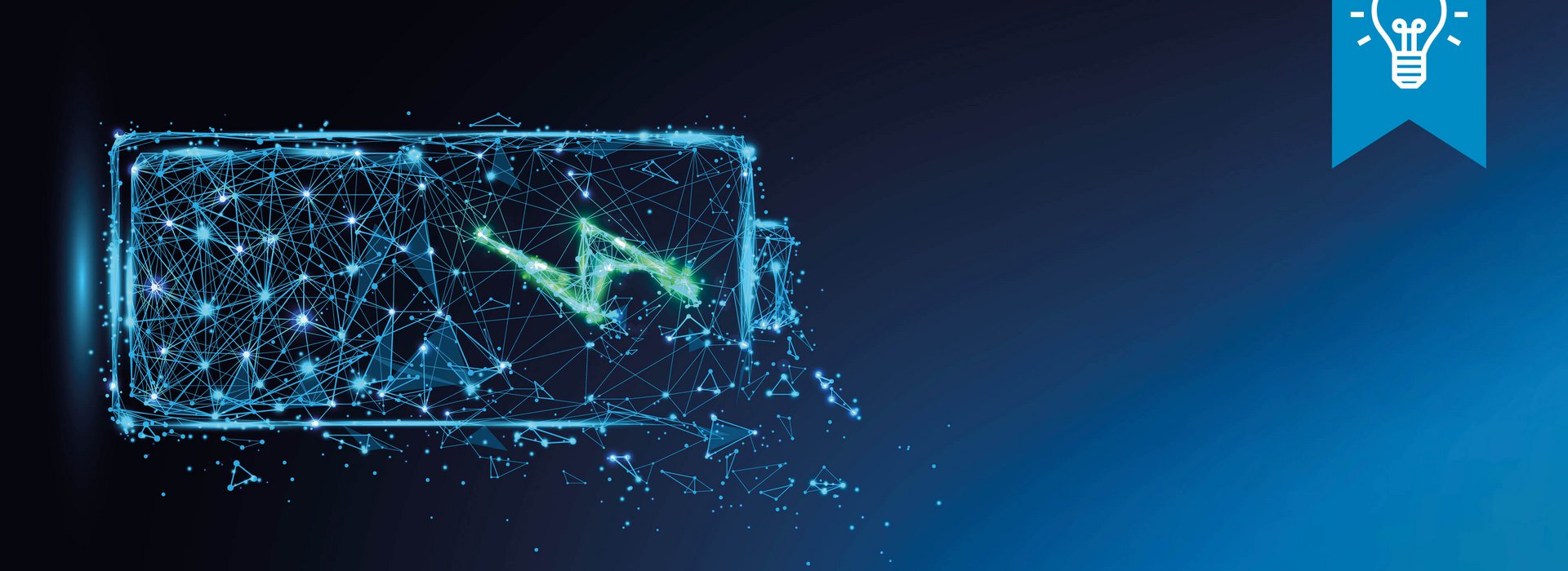 Grafik einer Batterie aus vielen miteinander verbundenen Datenpunkten auf einem schwarz blauem Hintergrund