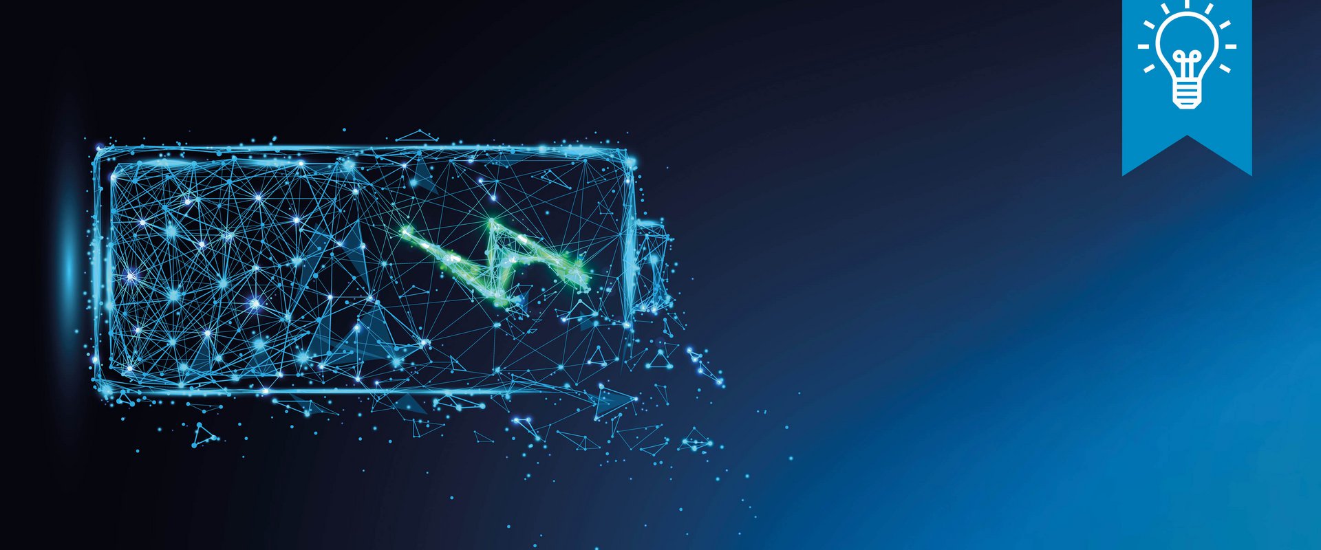 Grafik einer Batterie aus vielen miteinander verbundenen Datenpunkten auf einem schwarz blauem Hintergrund