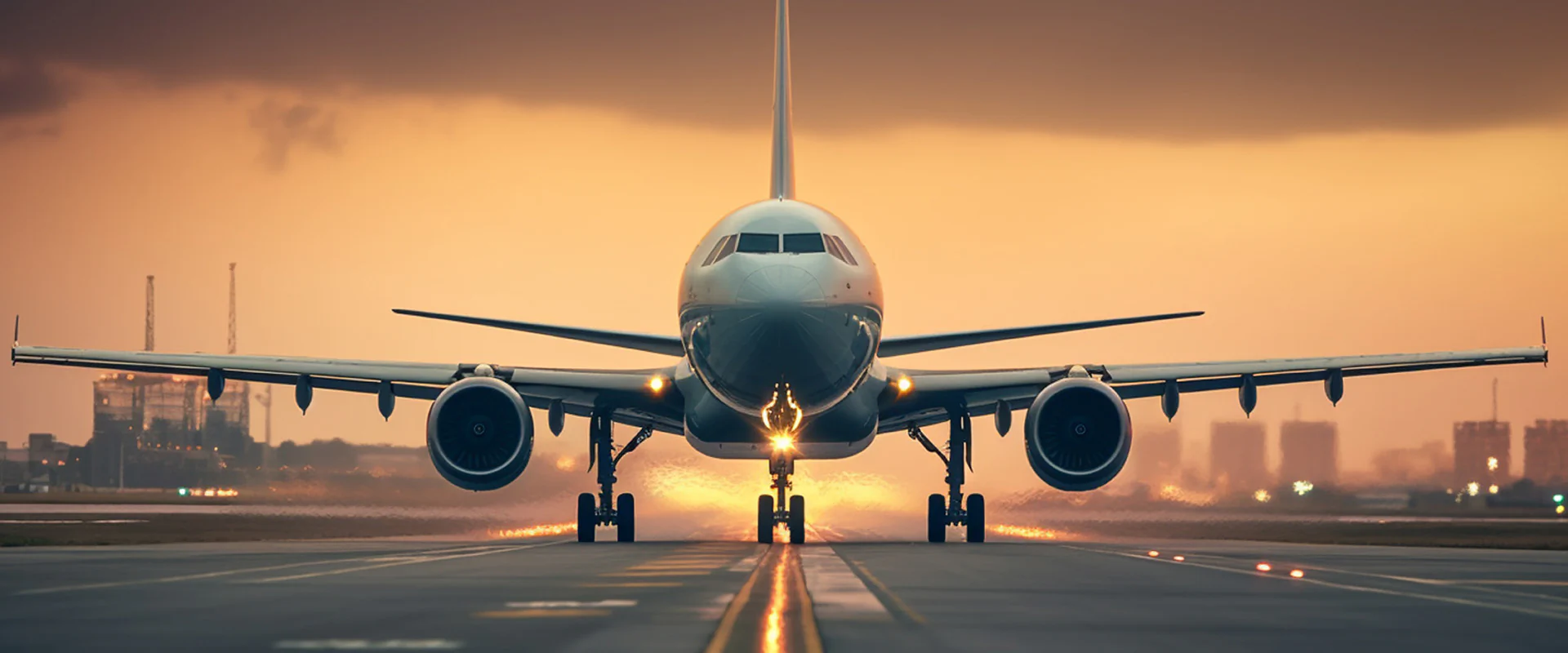 Bildbeschreibung / description: Ein Flugzeug steht auf der Landebahn bei Sonnenuntergang, der Himmel leuchtet in warmen Farben.