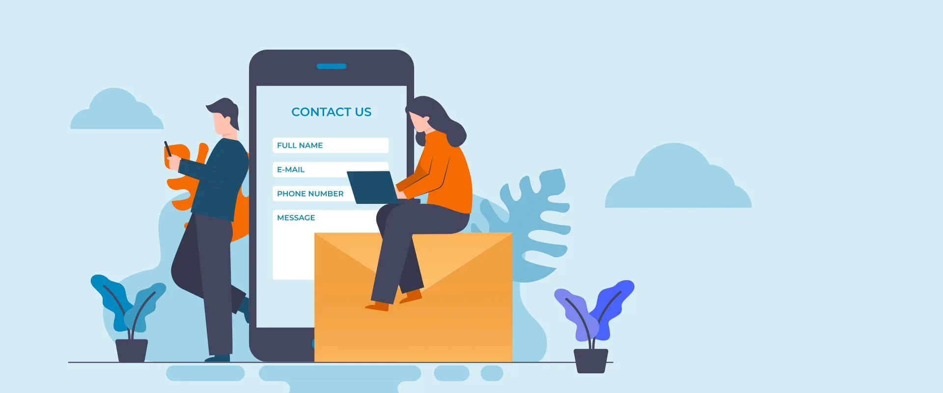 Ansprechpartner Bildbeschreibung / description: Vektorgrafik eines übergroßen Smartphones auf dem eine Kontaktseite geöffnet ist, ein Mann link lehnt sich am Smartphone an und hält ein weiteres in der Hand, eine Frau sitzt im Vordergrund auf einem Brief in Übergröße und arbeitet am Laptop