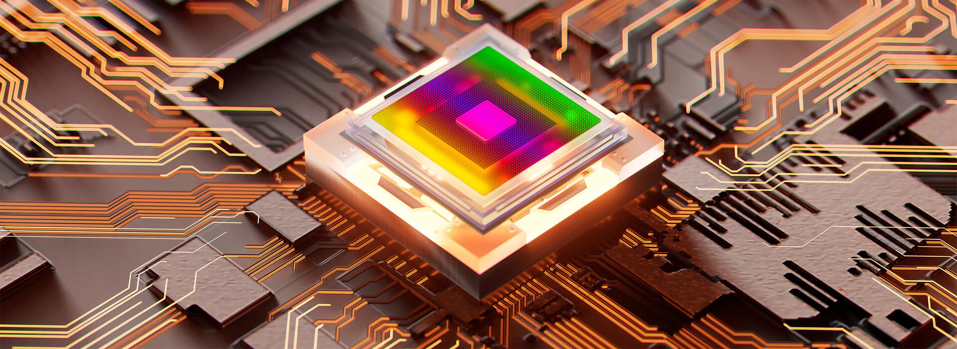 Workshop: Unterstützung und Förderung des Initialkreises Thüringer Mikroelektronik Bildbeschreibung / description: Ein Computerchip mit einem bunten Quadrat als Design.