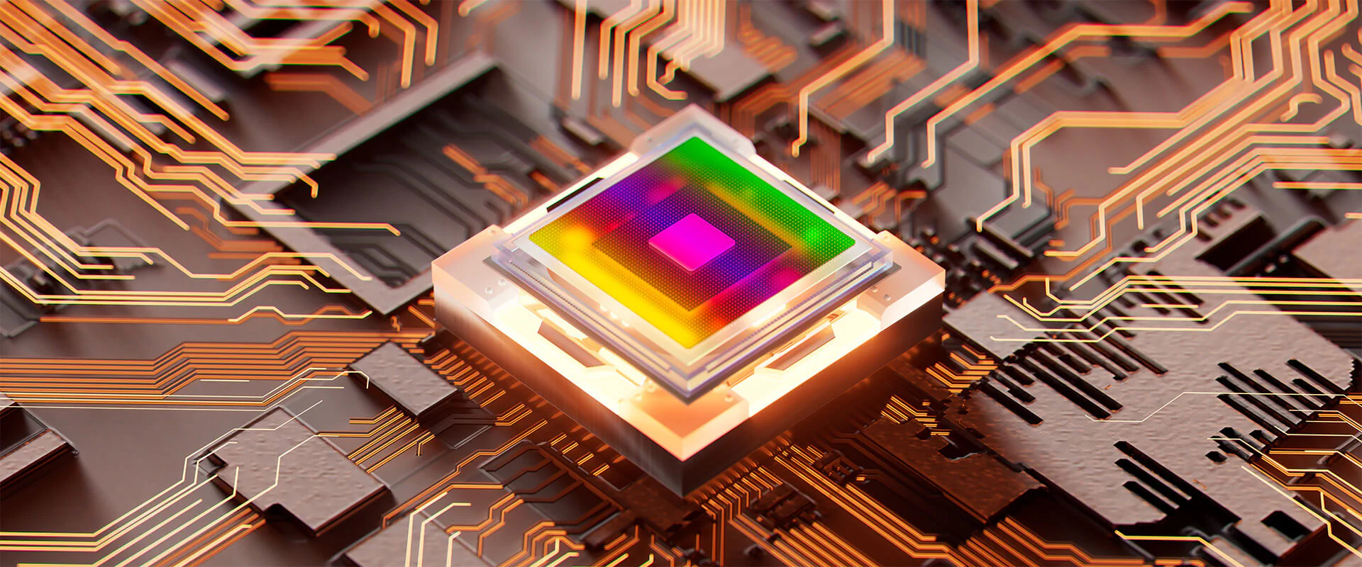 Bildbeschreibung / description: Ein Computerchip mit einem bunten Quadrat als Design.