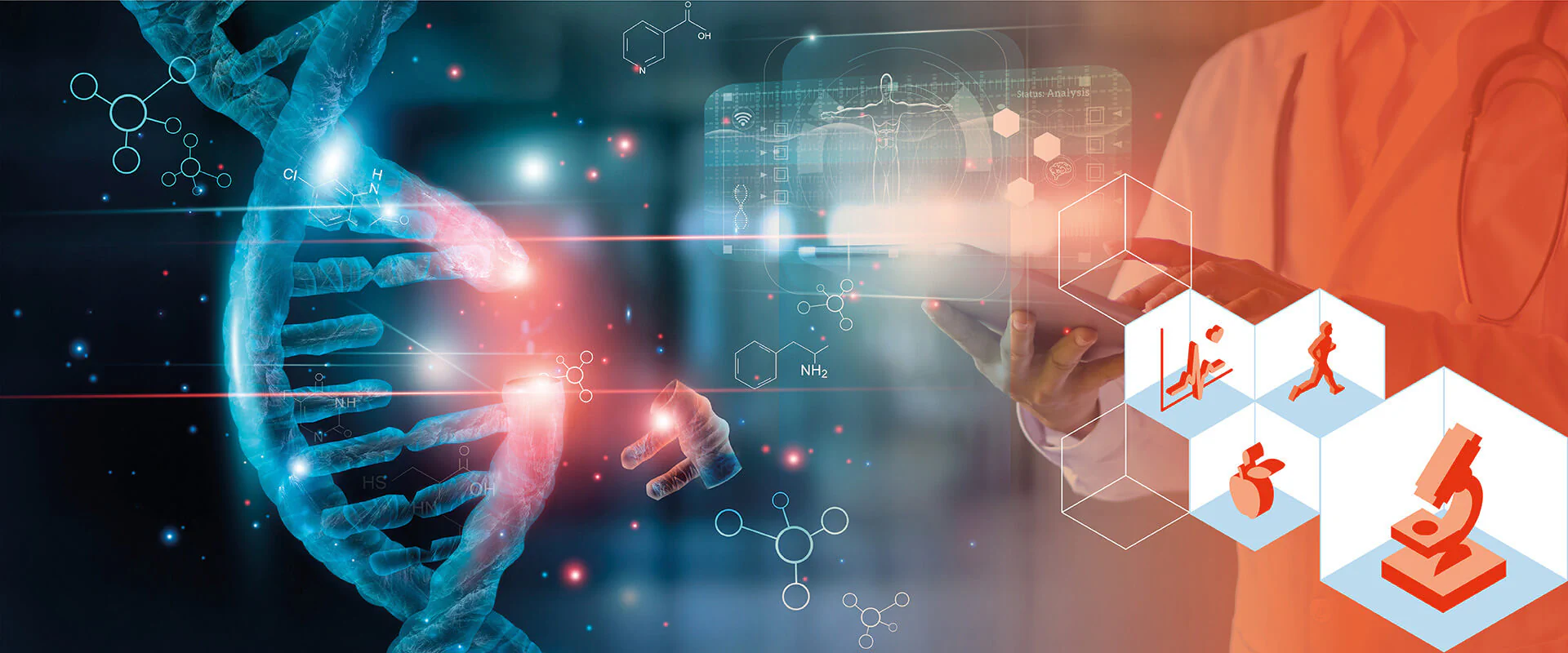 Gesundes Leben und Gesundheitswirtschaft Bildbeschreibung / description: Rechts ein Mann im Laborkittel hält ein Tablet und Links ist ein DNA-Strang zu sehen.