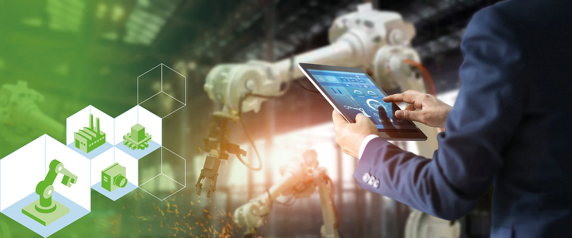 Bildbeschreibung / description: Moderne Fertigung mit Robotern und Automatisierungstechnik.