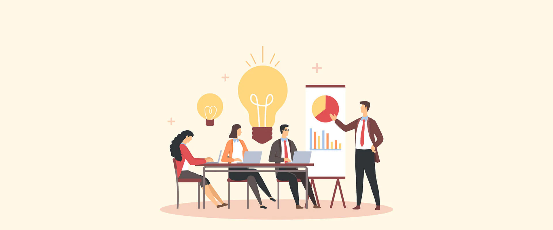 Bildbeschreibung / description: Vektorgrafik, Gruppe von Geschäftsleuten in einem Besprechungsraum mit einer Glühbirne