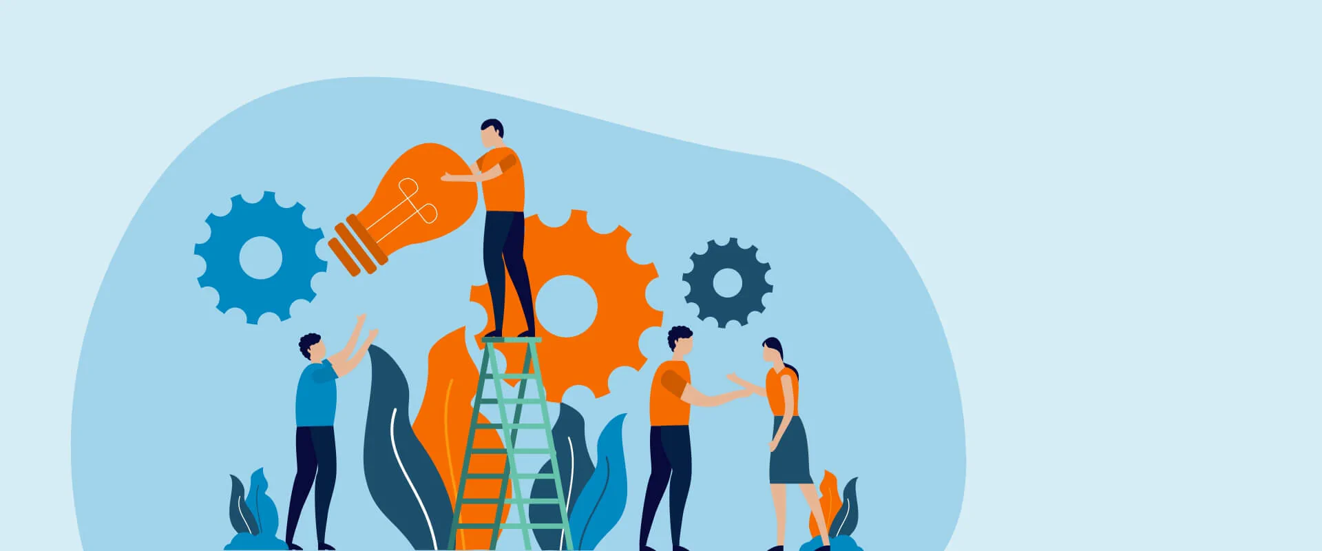 Bildbeschreibung / description: Vektorgrafik, zwei Menschen unterhalten sich, ein Mensch steht auf einer Leiter mit einer Glühbirne in der Hand und eine weitere Person will diese entgegen nehmen, im Hintergrund sind Pflanzen und Zahnräder