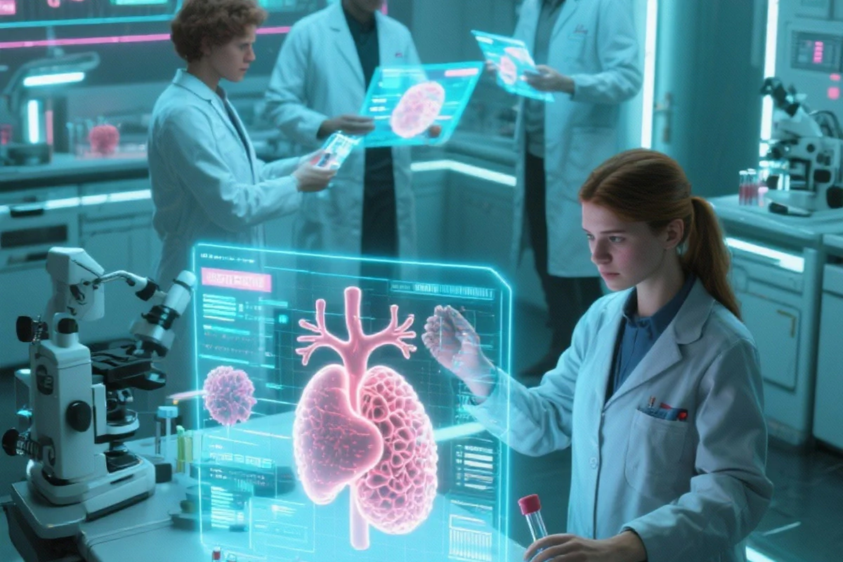 Bildbeschreibung / description: Eine Gruppe von Personen in Laborkitteln arbeitet an einem holografischen Bildschirm.