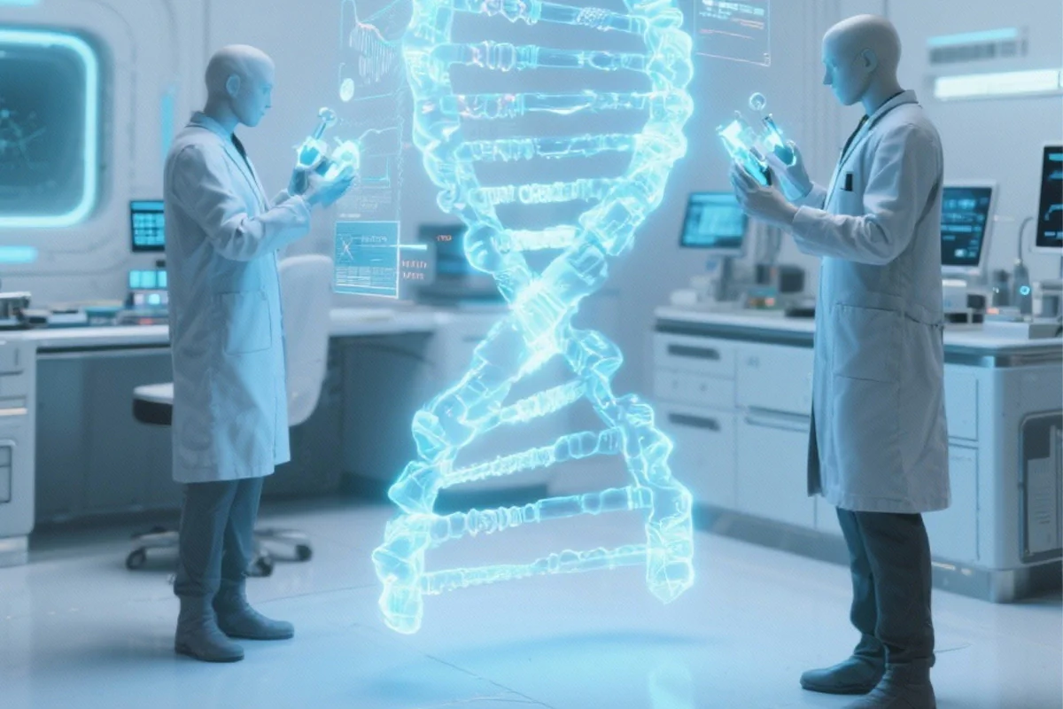 Bildbeschreibung / description: Zwei Personen in Laborkitteln stehen neben einer DNA-Struktur.