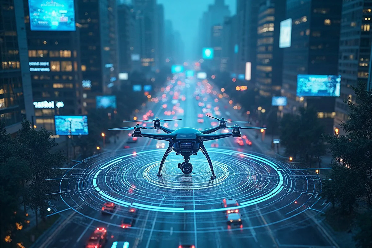 Bildbeschreibung / description: Überdimensionale Drohne fliegt über eine Kreuzung in einer stark befahrenen Straße