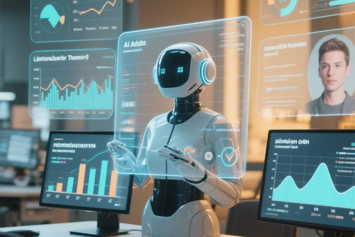 Bildbeschreibung / description: Ein Roboter steht vor einem Computerbildschirm mit Datengraphen.