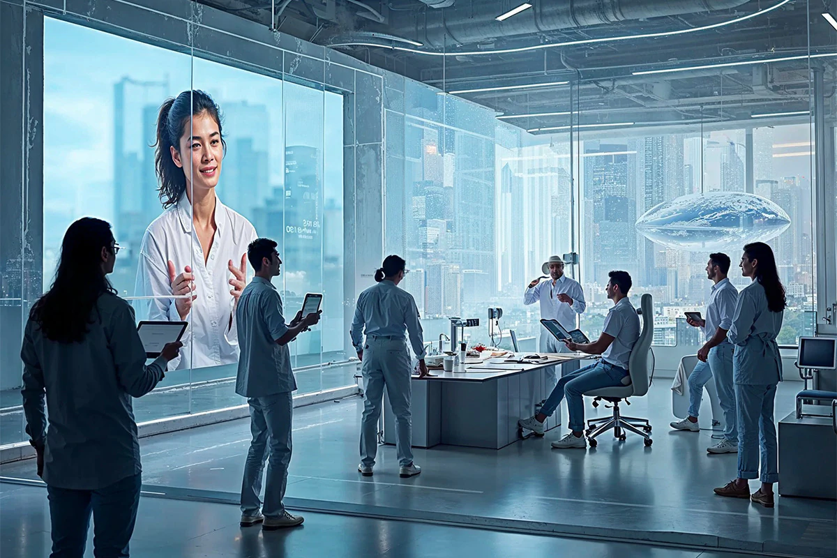 Bildbeschreibung / description: Personen in stehen vor einem großen Bildschirm.