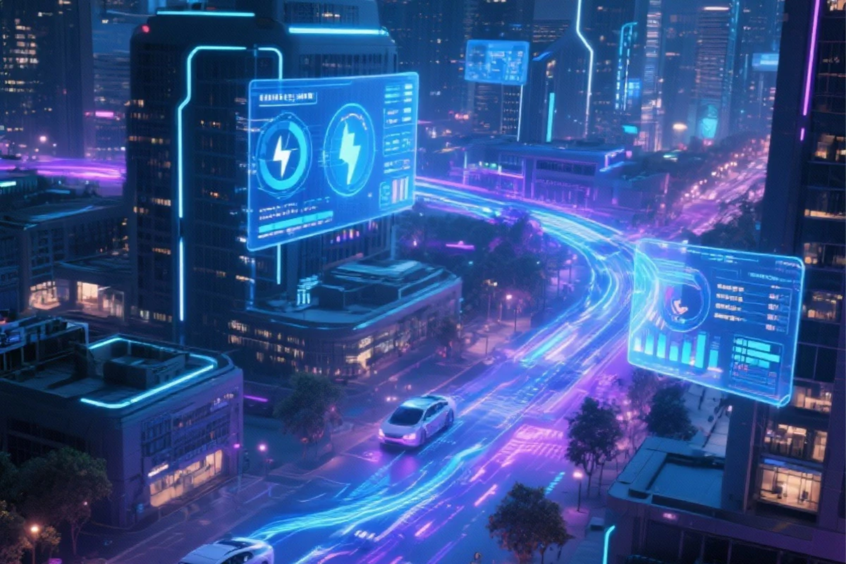 Bildbeschreibung / description: Eine Stadtansicht mit Neonlichtern und vorbeifahrenden Autos bei Nacht.