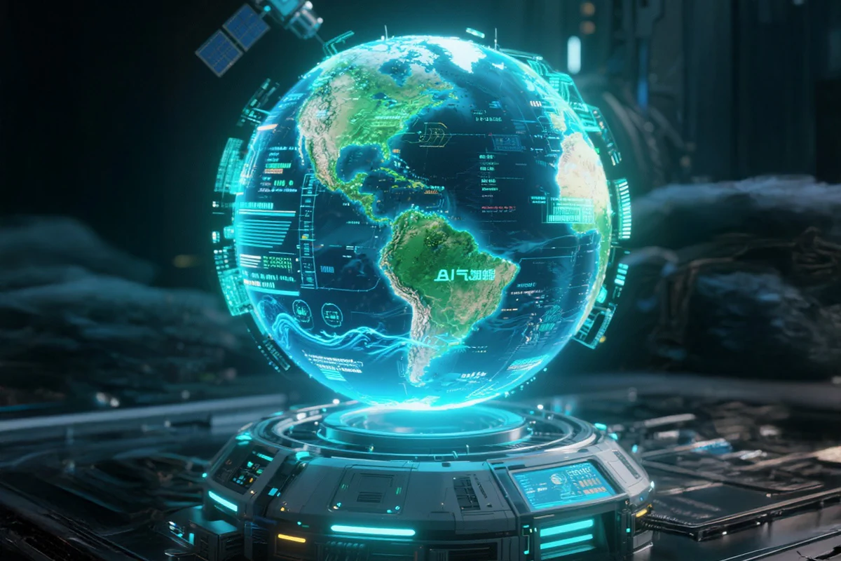 Bildbeschreibung / description: Eine futuristische Erdkugel mit einem Satelliten in der Mitte.