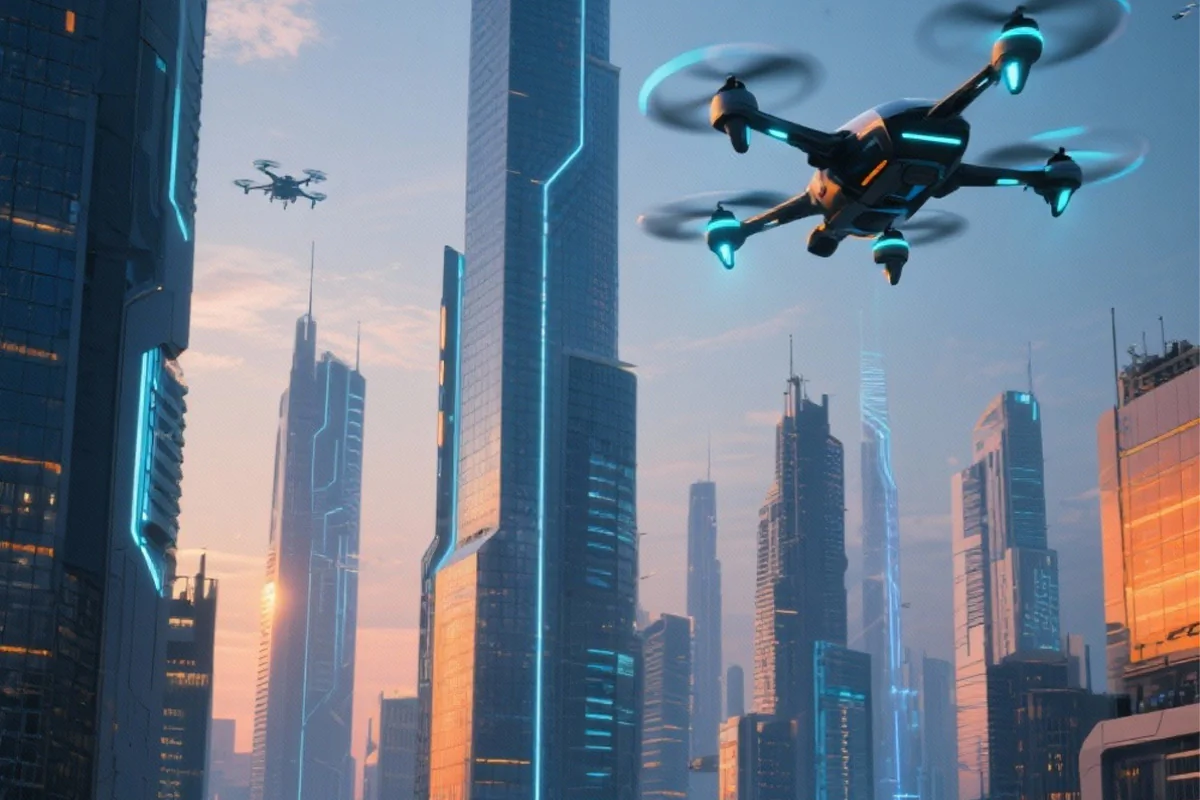 Bildbeschreibung / description: Ein Drohne fliegt über eine Stadt mit hohen Wolkenkratzern.