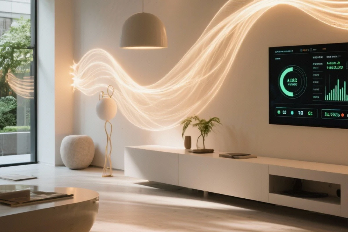 Bildbeschreibung / description: Ein modernes Wohnzimmer mit einem Fernseher an der Wand, schematisch wird der Wärmefluss in der Wand gezeigt.