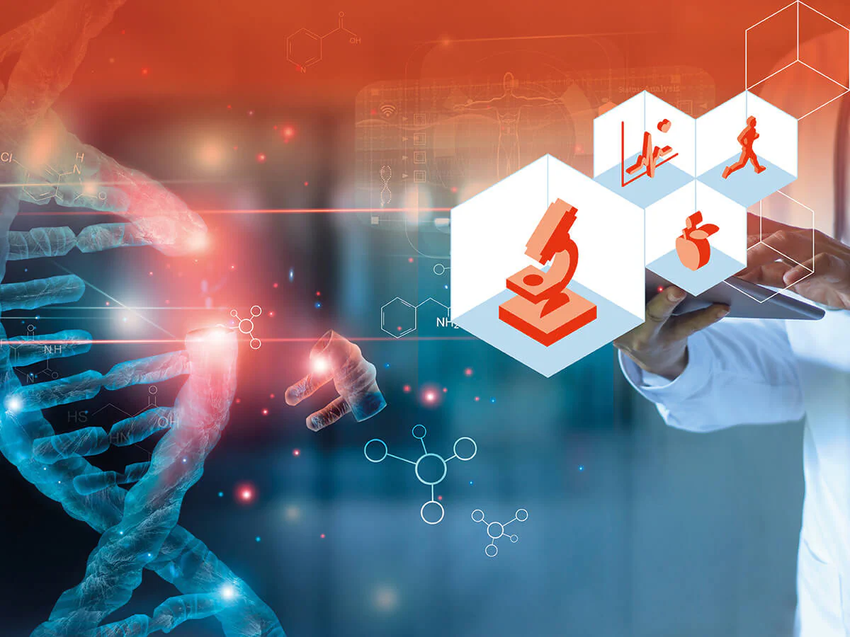 Bildbeschreibung / description: Rechts ein Mann im Laborkittel hält ein Tablet und Links ist ein DNA-Strang zu sehen.