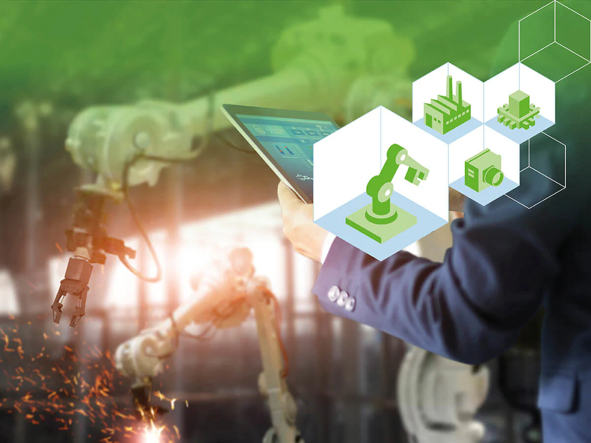 Bildbeschreibung / description: Moderne Fertigung mit Robotern und Automatisierungstechnik.