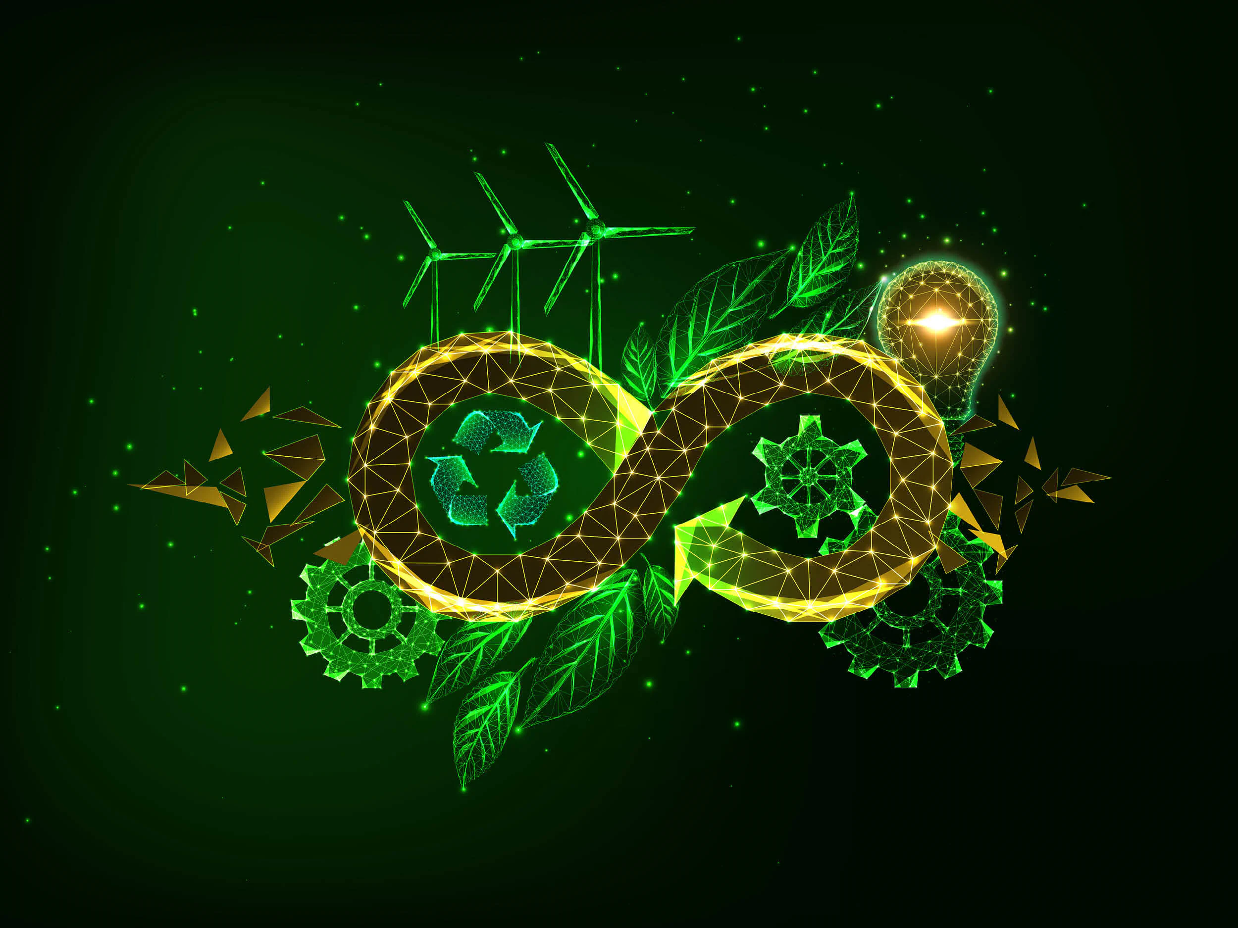 Nachhaltiges Konzept mit grünem Unendlichkeitssymbol, Glühbirne, Recycling-Symbol und Windrädern.