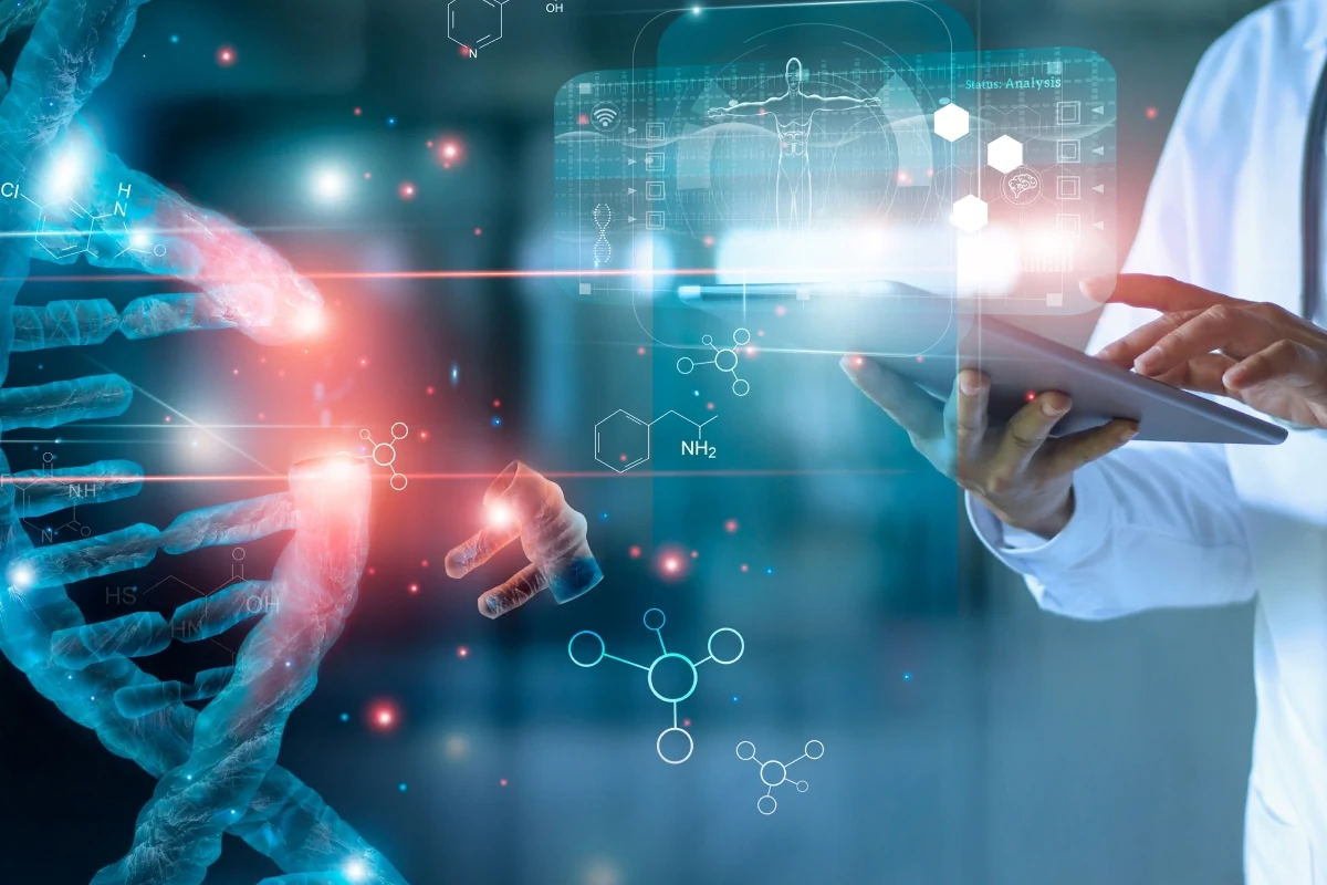 Bildbeschreibung / description: Rechts ein Mann im Laborkittel hält ein Tablet und Links ist ein DNA-Strang zu sehen.